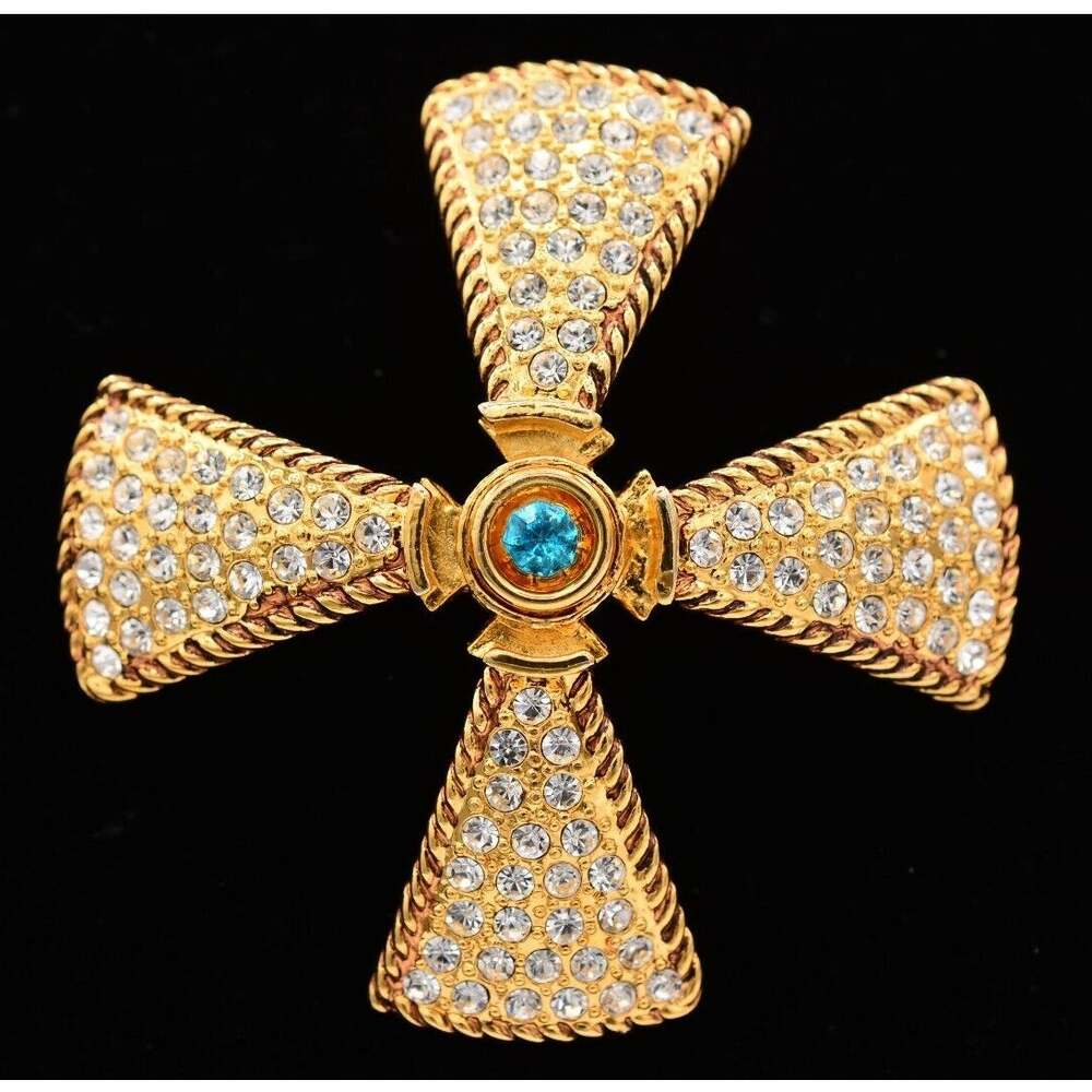 Joan Rivers Vintage Maltese Cross Pin Brooch Crystal Pendant Chunky Signed BinAP